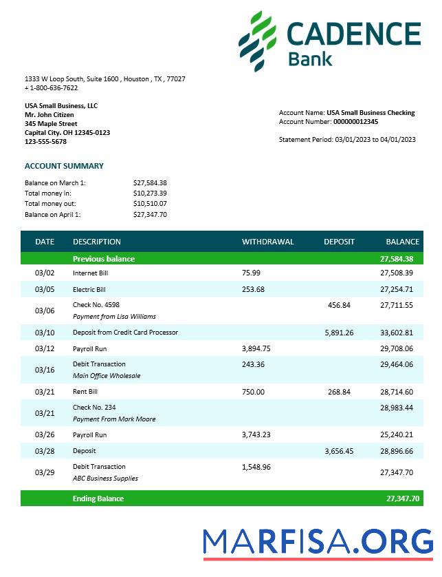 Downloadable Cadence Bank corporate checking account statement Word and PDF template